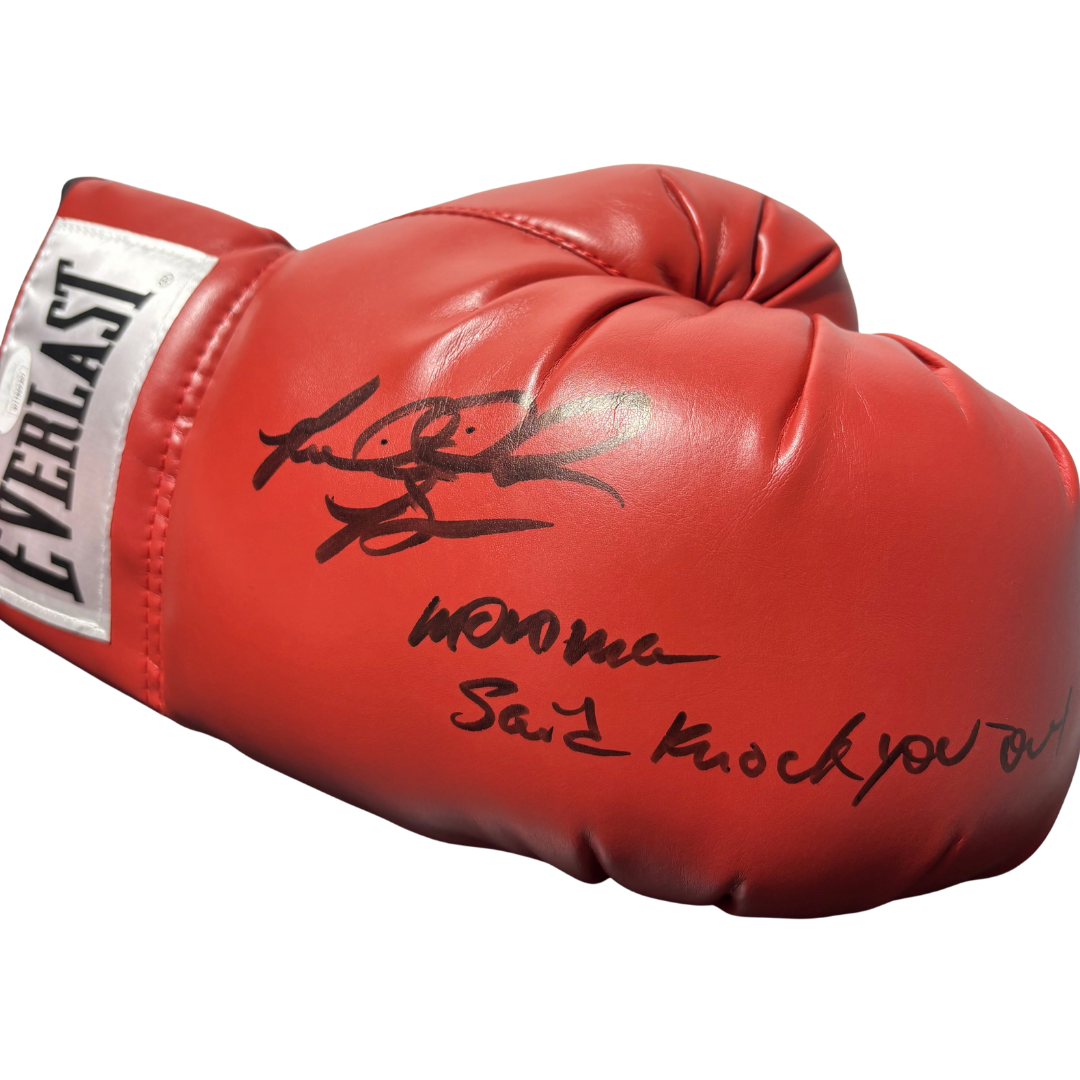 Riddick Bowe World Heavyweight Champion Authentic Signed Boxing Glove inscribed 'Momma said knock you out'