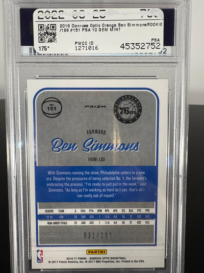 2016 Panini Donruss Optic Ben Simmonds Orange PSA Gem Mint 10