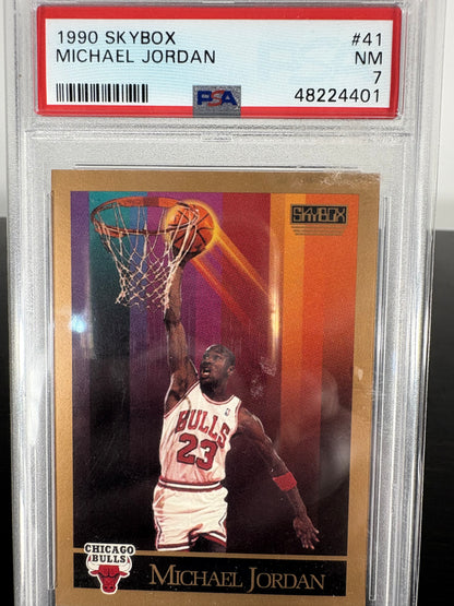 Michael Jordan trading card from 1990 Skybox in protective case with PSA grading label.