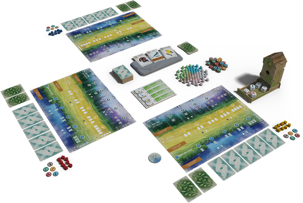 Wingspan game setup showing player mats, bird cards and birdfeeder