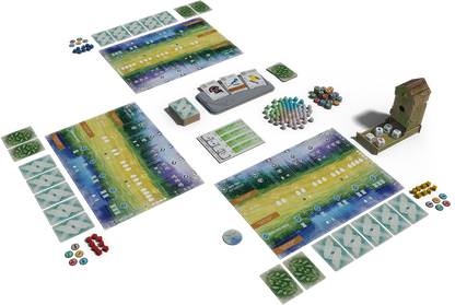 Wingspan game setup showing player mats, bird cards and birdfeeder