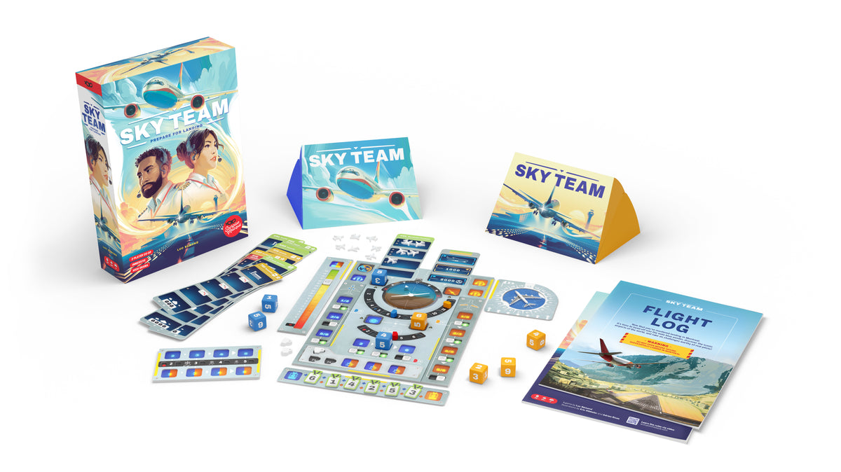 Sky Team box contents including the cockpit control panel, dice and tracks