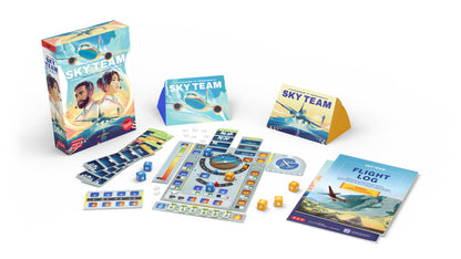 Sky Team box contents including the cockpit control panel, dice and tracks